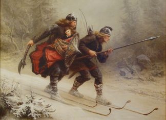 Биркебейнери спасяват норвежкия престолонаследник - картина на Кнуд Бергслиен.