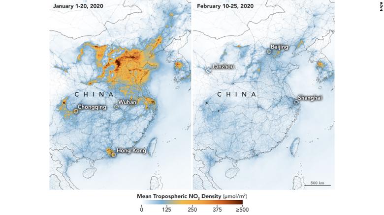 Кадър: CNN/Кадър: CNN / Сателитна снимка на Китай - преди и след карантината