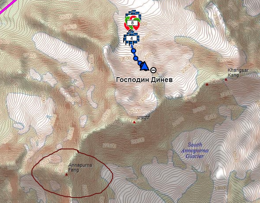 Местоположението на Господин Динев спрямо Анапурна