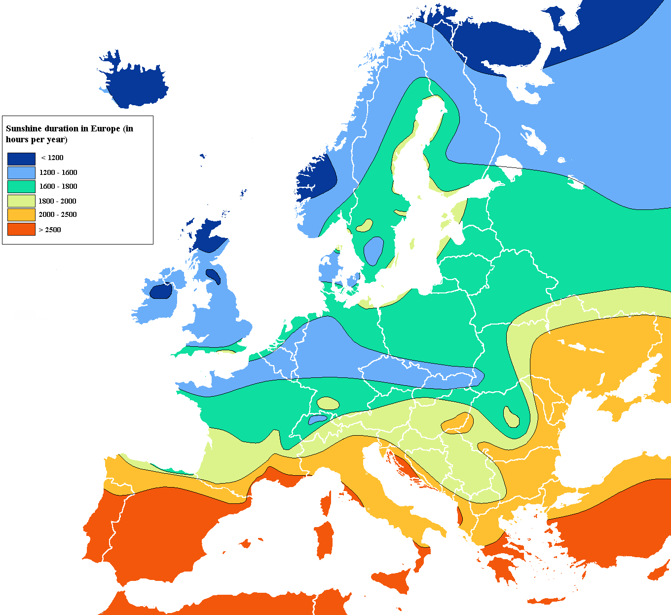 Карта на разпределението на броя слънчеви часове в Европа 