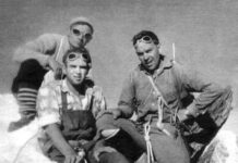 Аврам Аврамов (малко по-високо,) Цанко Бангиев, в средата и Енчо, след изкачване на вр. Мижирги /4918 м/ 1961 г.
