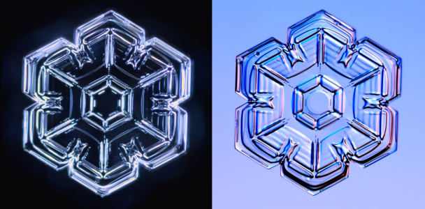 Един и същ снежен кристал, заснет при различно осветление