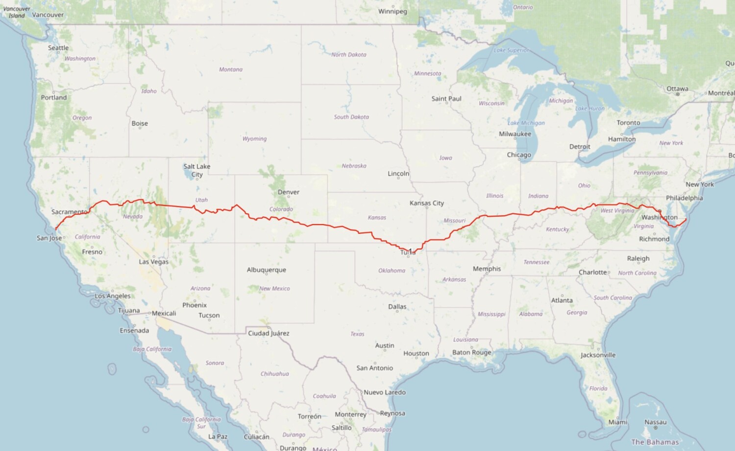 Схема на пешеходния преход на САЩ от изток на запад от 3000 км