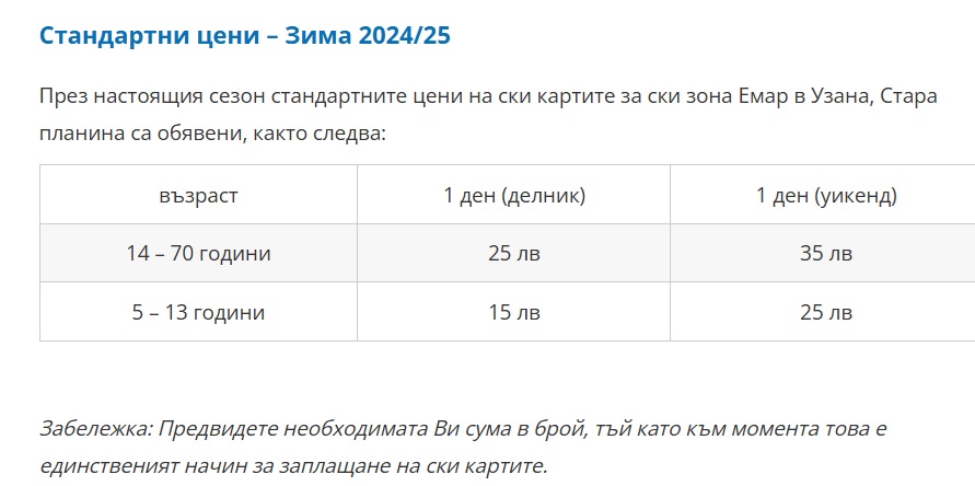 Ски зона Емар - цени 2024/25